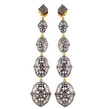 Yellow Gold and Silver Diamond Long Dangle Earring