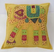 Yellow Handicraft Elephant Embroidery Cushion Cover