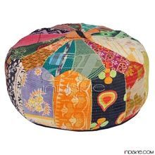 Vintage Round Kantha Patchwork Fabric Pouf Ottomans