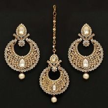 White Color Rhinestone AND Imitation Pearl Maang Tikka with Earring