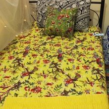 Yellow Birds Print Kantha Vintage Quilt