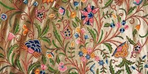 Velvet Crewel Embroidered Fabric Olive, Multicolor