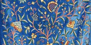 Velvet Crewel Embroidered Fabric Sapphire, Multicolor