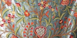 Velvet Crewel Embroidered Fabric Teal, Multicolor