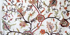 Velvet Crewel Embroidered Fabric White, Multicolor