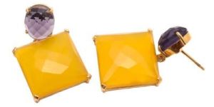 Yellow Chalcedony And Amethyst Gemstone Earring