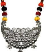 Sterling Silver Overlay Peacock Adjustable Silk Tassel Necklace