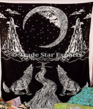 Wolf Half Moon Printed Black White Tapestries Cotton Wall Hanging