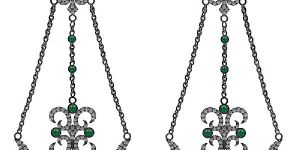 Sterling Silver Emerald Link Chain Fleur De LIs Chandelier Earrings