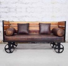 Vintage Industrial Metal Two Seater Sofa with Wheel