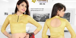 Zipper Neck Shimmer Golden Stretchable Blouse