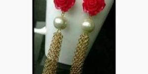 Red Flower Stone Pearl with Copar Chain Earring Set
