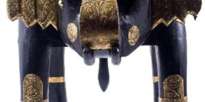 Wooden Elephant Stool with Brass Fittings