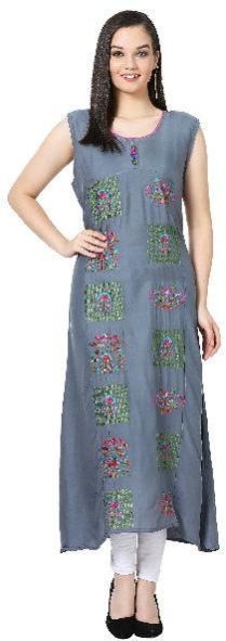 Embroidered A-line Rayon Grey Kurti