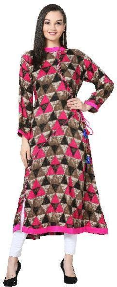 Angrakha Style Printed A-Line Rayon Pink Kurti