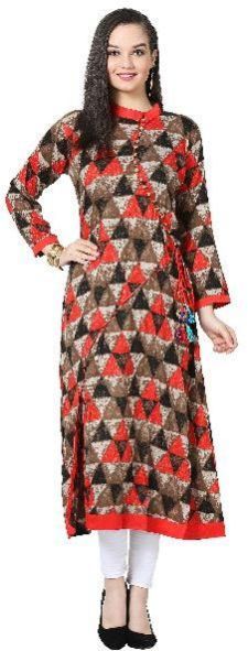 Angrakha Style Printed A-Line Rayon Red Kurti