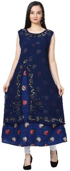 Swarovski Work Front Slit Designer Blue Kurti