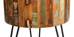 Round Reclaimed Teak Wood End Table with Hairpin Legs