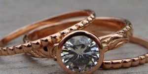 White Round Moissanite Bridal Set Engagement Ring Rose Gold over Silver