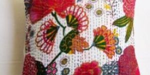 White Floral Kantha Cushion Cover