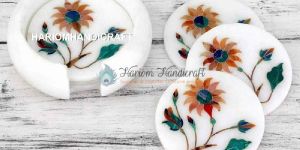Round Marble Coaster Set Hakik Floral Marquetry Inlay
