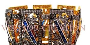 Pave Diamond 925 Sterling Silver 14k Gold Sapphire Gemstone Bangle Jewelry