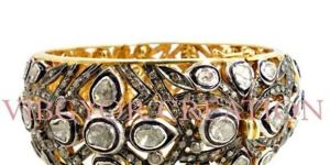 Rosecut Pave Diamond 925 Sterling Silver 14k Gold Bangle