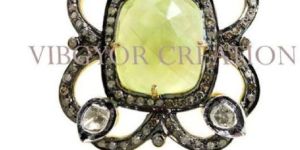 Women LemonQuartz Pave Rosecut Diamond 92.5 Silver Flower Ring 14k Gold Jewelry