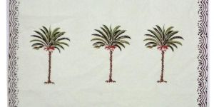 Three Palm Green Border Tablemat Hand Block Printed on Cotton Canvas