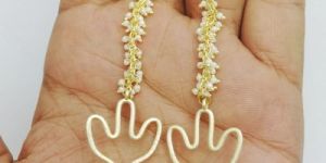 White Pearl 9cm Long Gold Plated Cactus Charms Drop Earring