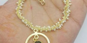 White Pearl Bead Bracelet with Round Black Onyx and Charms Bracelet