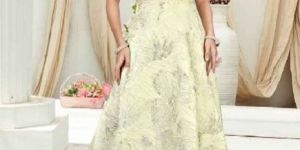 White Colour Jacquard Embroidered Stitched Gown