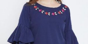 Round Neck Bell Sleeve Dark Blue Crepe Top