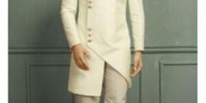 White Jacquard Self Sherwani