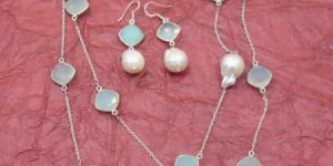 PEARL and AQUA CHALCEDONY 925 STERLING SILVER NECKLACE