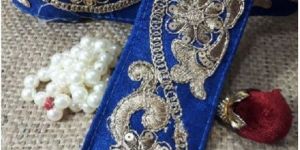 Royal Blue Cotton Mix Base Gold Embroidery Flower Design Lace