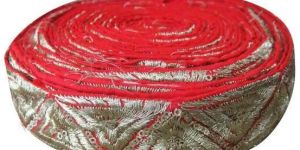 Saree Lehenga Red Lace Border Trim, Gold Embroidery Sequins Pyramids LACE