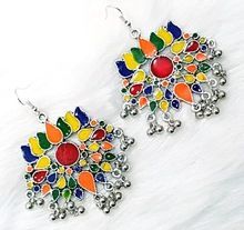 Afghani Oxidized Lotus German Silver Metal Color Earrings