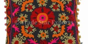 Suzani Embroidery Pillow with Pom Pom Lace