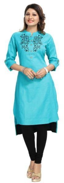 Sky Blue Long Asymmetrical Tunic with Geometric Threadwork