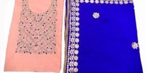 Peach Chanderi Handwork Kurti Fabric with Chiffon Heavy Dupatta and Santoon Fabric