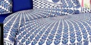 Cotton Fabric Jaipuri Peacock Feathers Print Queen Bedsheet