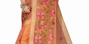 Orange Supernet Embroidered Saree