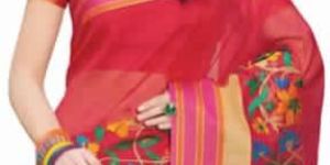 Red Mercerised Embroidered Saree