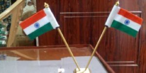 Brass Mini V Cross Stand Khadi Flag in Double Rod