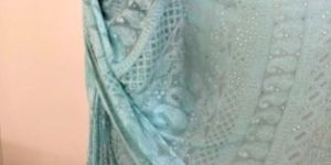 Sea Green Party Wear Chikankari Saree with Golden Mukaish