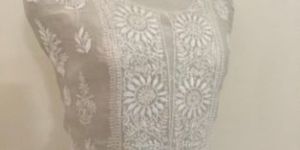 White Chanderi Chikan Work Suit