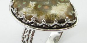 STERLING SILVER NATURAL GREEN & BLACK OCEAN JASPER RING