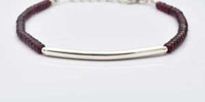 Garnet Beads Silver Bar Bracelet