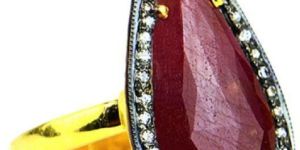 Red Sapphire with CZ Pear Shape Gold Plated over 925 Sterling Silver Ring